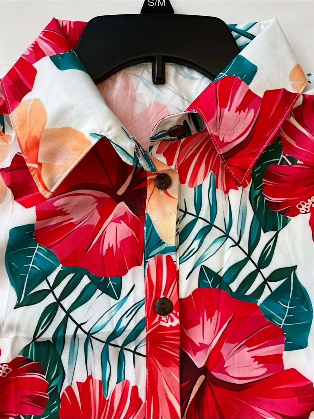 UNBRANDED Tropical Floral Short Sleeve Shirt - White with Red & Orange Flowers